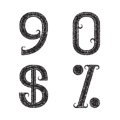 Nine, zero black numbers, dollar and percent sign of grainy texture. Font in grunge style.