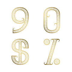 Nine, zero golden ornamental numbers, dollar and percent sign with flourishes. Decorative patterned vintage font.