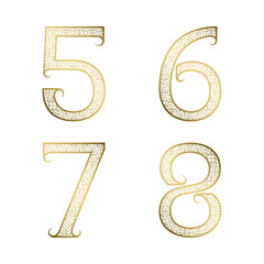 Five, six, seven, eight golden ornamental numbers with flourishes. Decorative patterned vintage font.