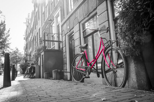 A picture of a lonely pink bike on the street by the channel in Amsterdam. The background is black and white. © shootingtheworld