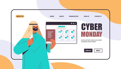 arab man using smartphone choosing goods online shopping cyber monday big sale concept portrait horizontal copy space vector illustration