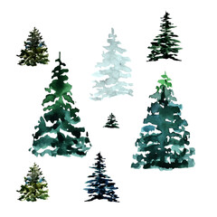 Set of Christmas trees of different shapes and shades on a white background. Design Elements for Christmas and Winter Holidays
