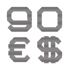 Black wavy lines nine, zero numbers, euro and dollar sign. Stripy font.