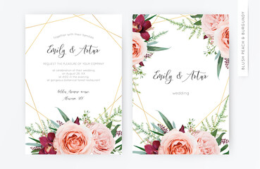 Vector watercolor wedding floral invite, invitation card design: blush peach, pale coral rose flowers, burgundy orchid, greenery, fern leaves bouquet wreath & golden geometrical frame art template set