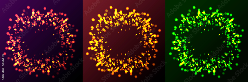 Poster set of three design elements of explosion of blured particles, firework illustration
