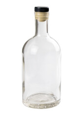 Empty glass bottle isolated on a white background. Bottle for alcohol. Clear bottle. Front view