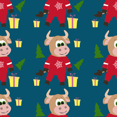 Christmas seamless pattern. Illustration on a dark background. Bull, cow, gifts, Christmas trees. Can be used as wrapping paper, for scrapbooking