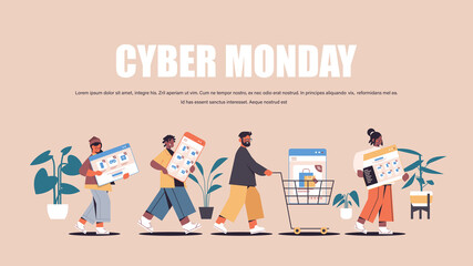 mix race people running with digital devices cyber monday big sale promotion discount online shopping concept full length horizontal copy space vector illustration