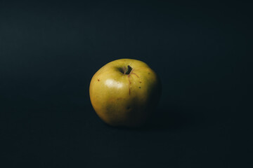 golden apple half in shadow on black background. High quality photo