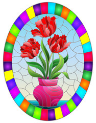 Illustration in a stained glass style with a floral still life, a vase with bright tulips, pears and an Apple on a blue background , rectangular illustration