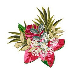Tropical bouquet of small white flowers and exotic leaves. Decor elements for greeting cards, wedding invitations, birthday and other celebrations. Isolated on white background.