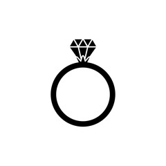 Black ring icon with a large diamond. Jewelry outline vector illustration isolated on white
