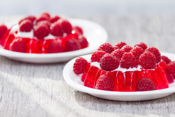 Fruit jelly with fresh raspberries. Healthy food. Summer dessert on grey table with sun light.