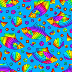 Fototapeta na wymiar Seamless pattern on a marine theme with bright rainbow fish and shells, bright fish on a blue background