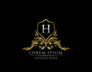 Luxury Boutique Badge With H Letter Logo. Elegant shield design for Boutique, Royalty, Letter Stamp,  Hotel, Heraldic, Jewelry, Wedding.