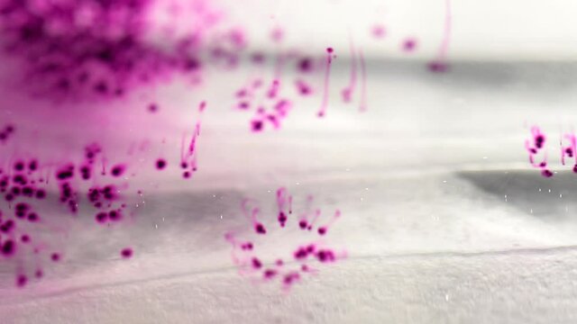 Colorful Dynamic Abstract Background. Potassium Permanganate Crystals In The Water. Macro Shot. Colors Particles Falling In Water. Chemical Reaction. Chromatic Aberration.