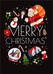 Christmas cards with simple cute illustrations of Santa Claus and holiday decor. Vector.