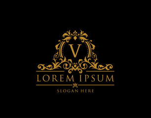 Royal Boutique Badge With V Letter Logo.Classy Elegant Badge design for Boutique, Royalty, Letter Stamp,  Hotel, Heraldic, Jewelry, Wedding.