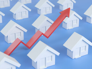 Houses and arrow graph. Growth in real estate, 3D illustration.