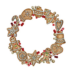 Christmas gingerbread cookies Wreath Greeting card, poster, banner concept. Round Frame of red berries on white background, New Year watercolor hand drawn illustration with copy space for text