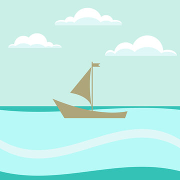 Seascape in blue. Ship, clouds, ship, sail, sea, waves. Poster, post on instagram, banner. Vector illustration.