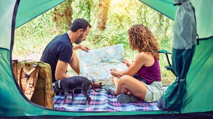 Middle age couple  of hiker camping at the forest