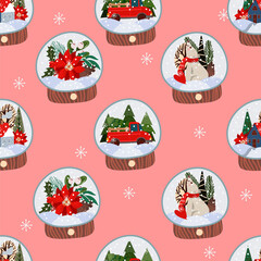 Seamless pattern with glass balls with snow and Christmas decor. Vector cartoon flat illustration