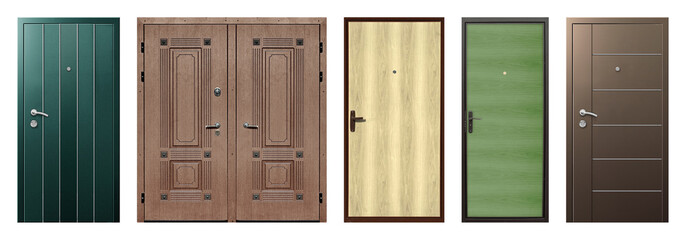 Fototapeta premium Set of models of entrance metal doors isolated on white background