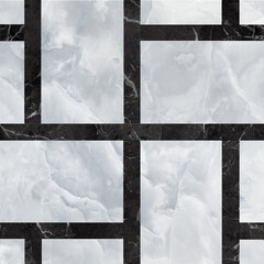 Black marble banded background on light gray marble floor