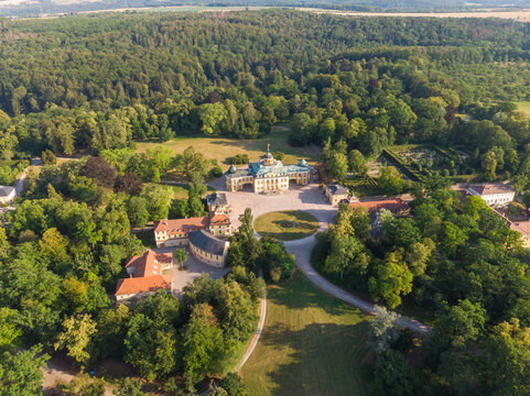 Aerial view of Belvedere Castle against a green forest background