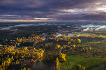 Epic sunrise over the foggy valley in autumn. Morning light lightens colorful forest covered in mist. Impressive storm clouds. 