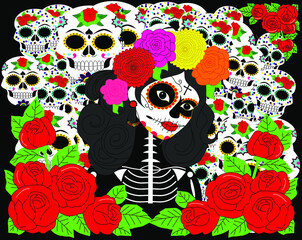 Ilustración vectorial para conmemorar el día de los muertos, fondo negro con calaveras decoradas de colores, mujer disfrazada para celebrar el día y rosas a su alrededor
