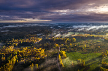 Fototapeta premium Epic sunrise over the foggy valley in autumn. Morning light lightens colorful forest covered in mist. Impressive storm clouds. 