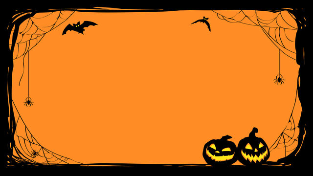 Halloween night frame with bats and Jack O' Lanterns. Vector poster illustration.