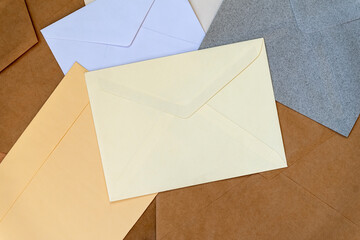 Set of colorful envelopes closeup. Top view