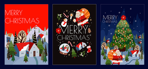 Set of Christmas cards with simple cute illustrations of polar bear, Santa Claus and holiday decor. Vector.