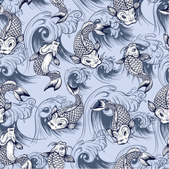 Seamless pattern with fish koi. Japanese vintage print