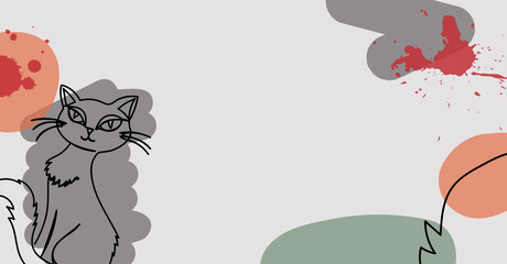 Banner of a cat in a hand drawn linear style with colorful abstract stains. 