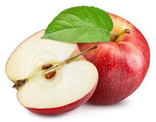 Red apple with half and leaf