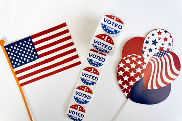 I Voted Today stickers, balloons and USA flag. US presidential election concept