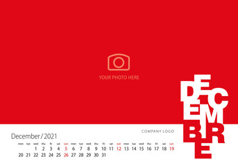 Calendar 2021 New Year 12 month December modern template red background