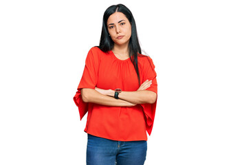 Beautiful young woman wearing casual clothes skeptic and nervous, disapproving expression on face...