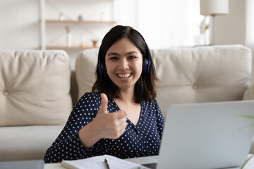 Portrait of smiling young Vietnamese girl student show thumb up recommend distant education studying. Happy millennial Asian woman give recommendation to online course or training using computer.