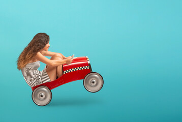 Reckless girl is driving very fast the car