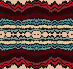 Ikat border. Geometric folk ornament. Ink on clothes. Tribal vector texture. Seamless striped pattern in Aztec style. Ethnic embroidery. Indian, Scandinavian, Gypsy, Mexican, African rug.