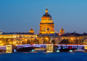 St. Isaac's Cathedral and Palace bridge at night, Saint Petersburg, Russia