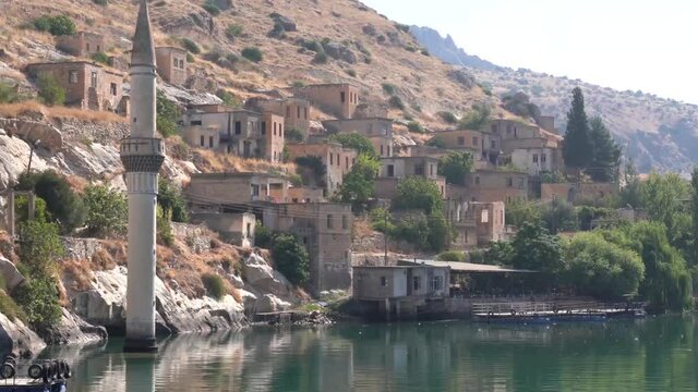 Halfeti Village with sunken mosque in Sanliurfa Province of Turkey