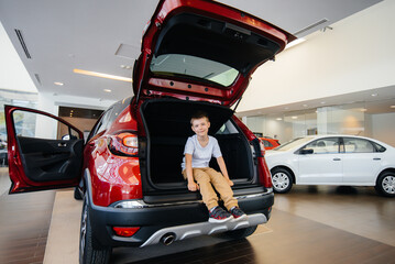 Happy boy sitting in the trunk of a new car at a dealership. Buying a car