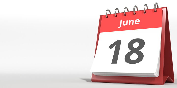 June 18 date on the flip calendar page, 3d rendering