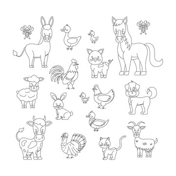 Farm animals and birds line art set isolated on white background. Cute linear livestock poultry  character - sheep, goat, cow, donkey, horse, pig. Vector flat editable linear silhouette illustration.